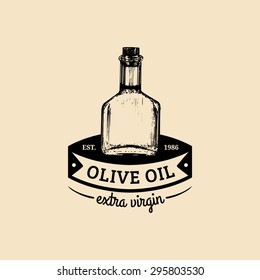 Vector vintage olive logo. Retro emblem with extra virgin oil bottle. Hand sketched rural farm production sign.