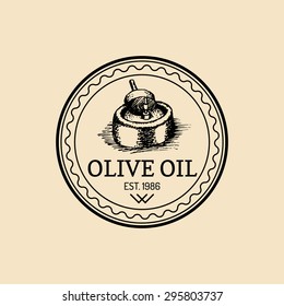 Vector vintage olive logo. Retro emblem with rural extra virgin oil press. Hand sketched farm production sign.