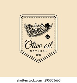 Vector vintage olive oil logo. Retro emblem with rustic grove and field. Hand sketched farm production sign. Rural landscape badge.