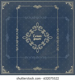 Vector  Vintage ornament design element: frame, corner, monogram. Antique floral frame and place for text. Flourishes calligraphic design/ Blue design 