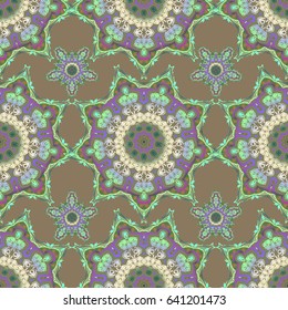 Vector vintage ornament. Hand drawn sketch. Design for fabric, wallpaper, background, invitation, wrapping and book covers. Damask seamless pattern in beige, green and blue colors. Oriental style.