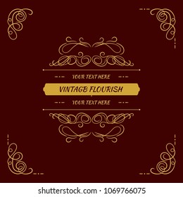Vector Vintage Ornamental Frame Border Template, Golden Flourish Elements on Dark Red Background, Luxury Design.
