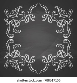 Vector vintage ornamental frame drawn with chalk on blackboard. Baroque pattern. Place for your text.