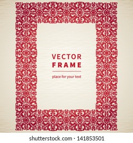 Vector vintage ornamental frame with swirls and floral motifs in retro style. Frame for your text. It can be used for decorating of invitations, cards, decoration for bags and clothes.