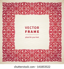 Vector vintage ornamental frame with swirls and floral motifs in retro style. Frame for your text. It can be used for decorating of invitations, cards, decoration for bags and clothes.