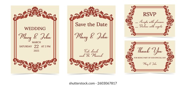 Vector vintage ornate border frames set for wedding invitation templates. Includes Save the Date, Thank You, and RSVP cards with retro elegant decorative labels.