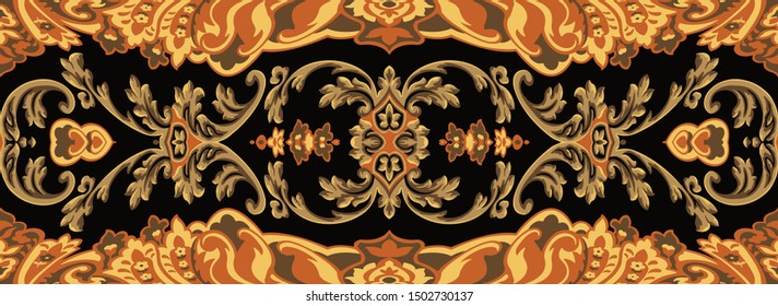 Vector vintage ornate seamless border in baroque style. Oriental golden , green, brown, gold colored damask.  Brilliant lace, stylized flowers design for wallpaper, covering, wrapping , fabric, carpet