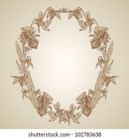 Vector vintage oval frame made of violets