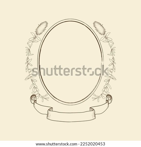 Vector vintage oval frame with wildflowers and herbs illustration. Vintage style line art elegant element for branding, logo, wedding invitations, greeting card, decor, design. Botanical graphic.