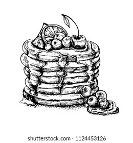 Vector vintage pancake drawing. Hand drawn monochrome food illustration. Great for menu, poster or label.Sketch of Pancakes with berries and maple syrup.