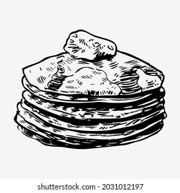 Dibujo vectorial de panqueques vintage. Dibujo manual de la ilustración de alimentos monocromos. Excelente para el menú
