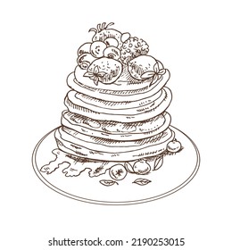 Vector vintage pancake drawing. Hand drawn monochrome food illustration. Sketch of Pancakes with berries and syrup. Great for poster, menu or label.