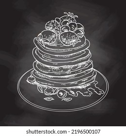 Vector vintage pancake drawing. Hand drawn monochrome food illustration. Sketch of Pancakes with berries and syrup. White sketch isolated on black chalkboard. 