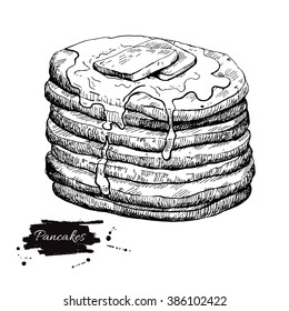 Vector vintage pancake drawing. Hand drawn monochrome food illustration. Great for menu, poster or label.