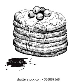 Vector vintage pancake drawing. Hand drawn monochrome food illustration. Great for menu, poster or label.