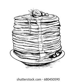 Vector vintage pancake drawing. Hand drawn monochrome food illustration. Great for menu, poster or label.