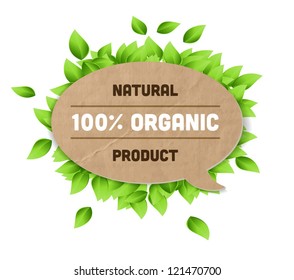 Vector vintage paper / cardboard banner with green leaves, 100% Organic Natural Product