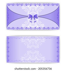 Vector vintage paper horizontal invitation card with lace pattern and bow, place for text