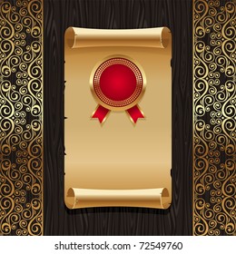 Vector vintage paper scroll with golden seal on a black wood texture background with ornate gold patterns