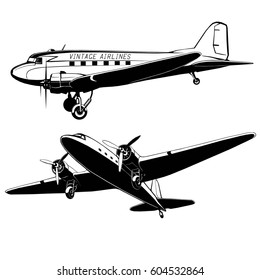 vector vintage passenger airplane, vector art, monogram, isolated, black, graphic, hand drawing vector illustration, logo, clip art