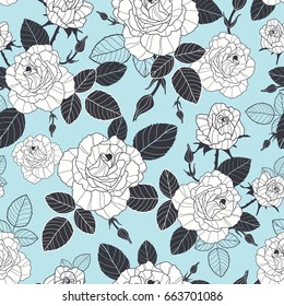 Vector vintage pastel blue, black, and white roses and leaves seamless repeat pattern. Great for retro fabric, wallpaper, scrapbooking projects.