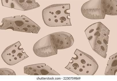 Vector vintage pattern with cheese, stylish food cover for fabric, postcards, wallpapers,graphical vector illustration. Dairy product and menu background design	