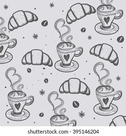Vector vintage pattern with coffee cups and croissants