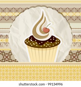vector vintage pattern with cupcake and retro background, seamless borders can be used separately