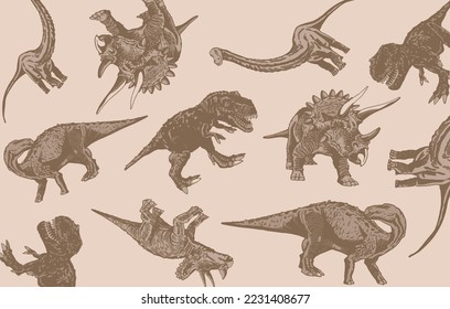 Vector vintage pattern with dinosaurs, stylish dino cover for fabric, postcards, wallpapers,graphical vector illustration. Animals background design	