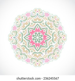 Vector vintage pattern in Eastern style in shape of a circle. Ornate element for design, place for text. Ornamental pattern for wedding invitations, greeting cards. Traditional pastel decor. Mandala.