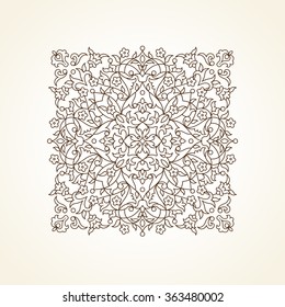 Vector vintage pattern in Eastern style. Ornate element. Ornamental illustration for wedding invitations, greeting cards. Traditional brown decor. Floral outline square design.