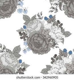 vector vintage pattern, flowers peony, rose, berry, blackberries. monochrome black and white wallpaper