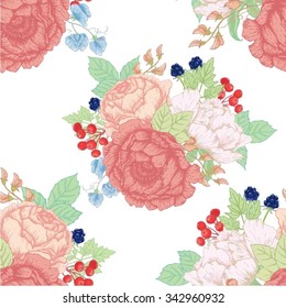 vector vintage pattern, flowers peony, rose, berry, blackberries. Retro wallpaper on a white background