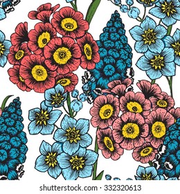 vector vintage pattern with flowers, primrose flower, muscari, forget-me, light background