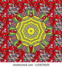 Vector vintage pattern. Mandala colored on a red, black and yellow colors. Invitation card.