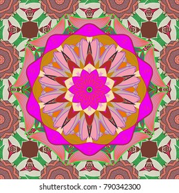 Vector vintage pattern. Mandala colored on a pink, neutral and orange colors. Invitation card.