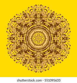 Vector vintage pattern. Mandala gold on a yellow background. Invitation card.