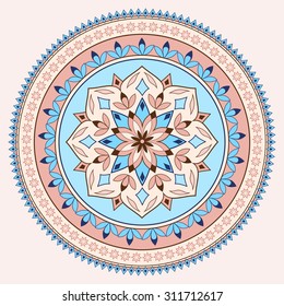 Vector vintage pattern in shape of a circle. Ornate floral element for design. Traditional background of blue and beige color. Mandala.