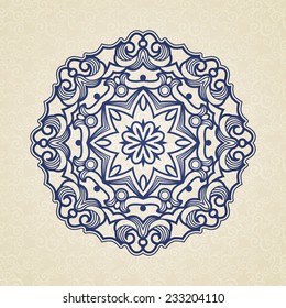 Vector vintage pattern in Victorian style in shape of a circle. Ornate element for design. Ornamental pattern for wedding invitations, greeting cards. Traditional outline decor. Mandala.