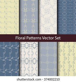 Vector vintage patterns set in cold and arm colors. Floral seamless patterns of leaves, buds and ornamental elements. Big patterns vector set in blue, gray and beige colors.  