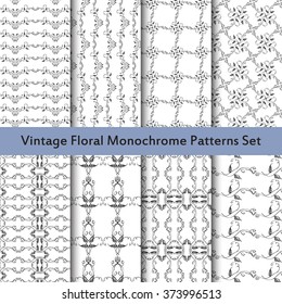 Vector vintage patterns set. Floral seamless patterns of leaves, buds and ornamental elements in black and white colors. Big patterns floral monochrome vector set. 