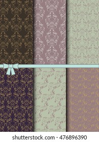 Vector vintage patterns set. Floral seamless patterns of leaves, buds and ornamental elements. Big patterns vector set in violet, brown, gray, green and beige colors.
