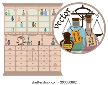 Vector vintage pharmaceutical (drugstore) chest of drawers with potion bottles