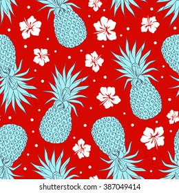 Vector Vintage pineapple seamless pattern with flowers
