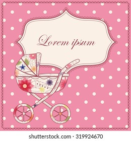 Vector Vintage Pink Background With Baby Carriage