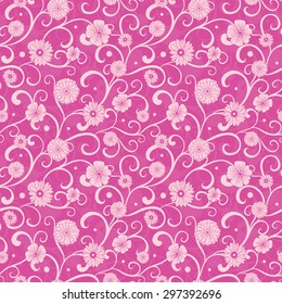 Vector Vintage Pink Flowers on Swirly Braches Seamless Pattern
