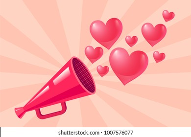 Vector vintage pink megaphone with hearts for Valentine's day. Pink megaphone on abstract background.