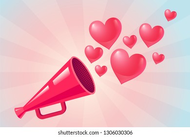 Vector vintage pink megaphone with hearts for Valentine's day. Pink megaphone on abstract background.