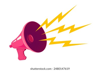 Vector vintage pink megaphone with lightning. Retro megaphone with lightnings.