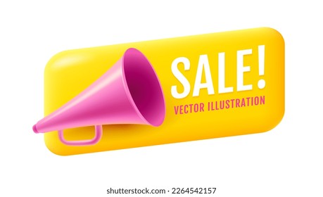 Vector vintage pink megaphone on yellow banner in realistic 3d style. Vector illustration of retro loudspeaker on yellow background.
